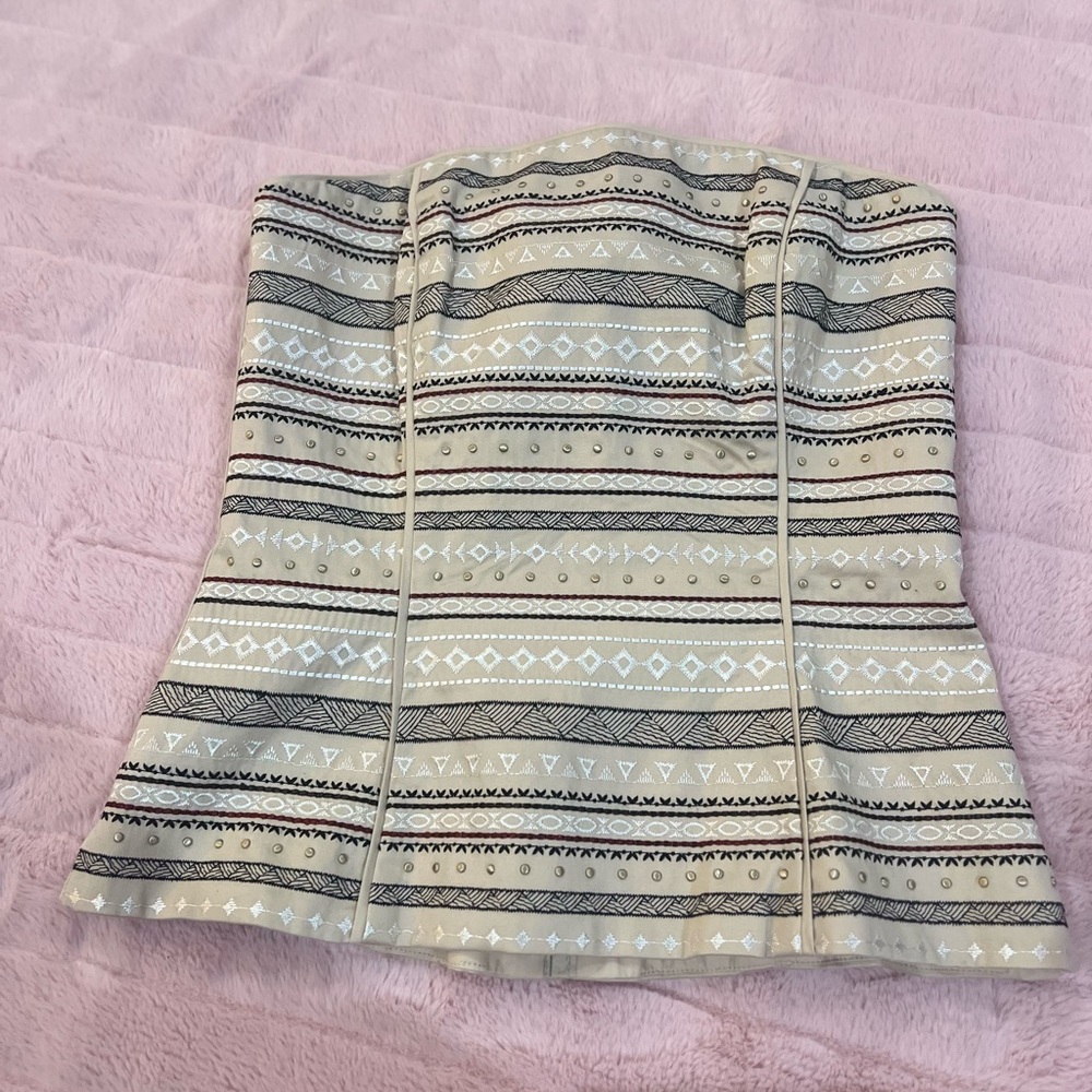 White House Black Market Beige and Black Strapless Blouse